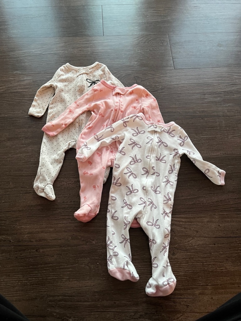 Baby Girls' Pink and Cream Footed One-Piece Sleepers - 3 Pack Bundle